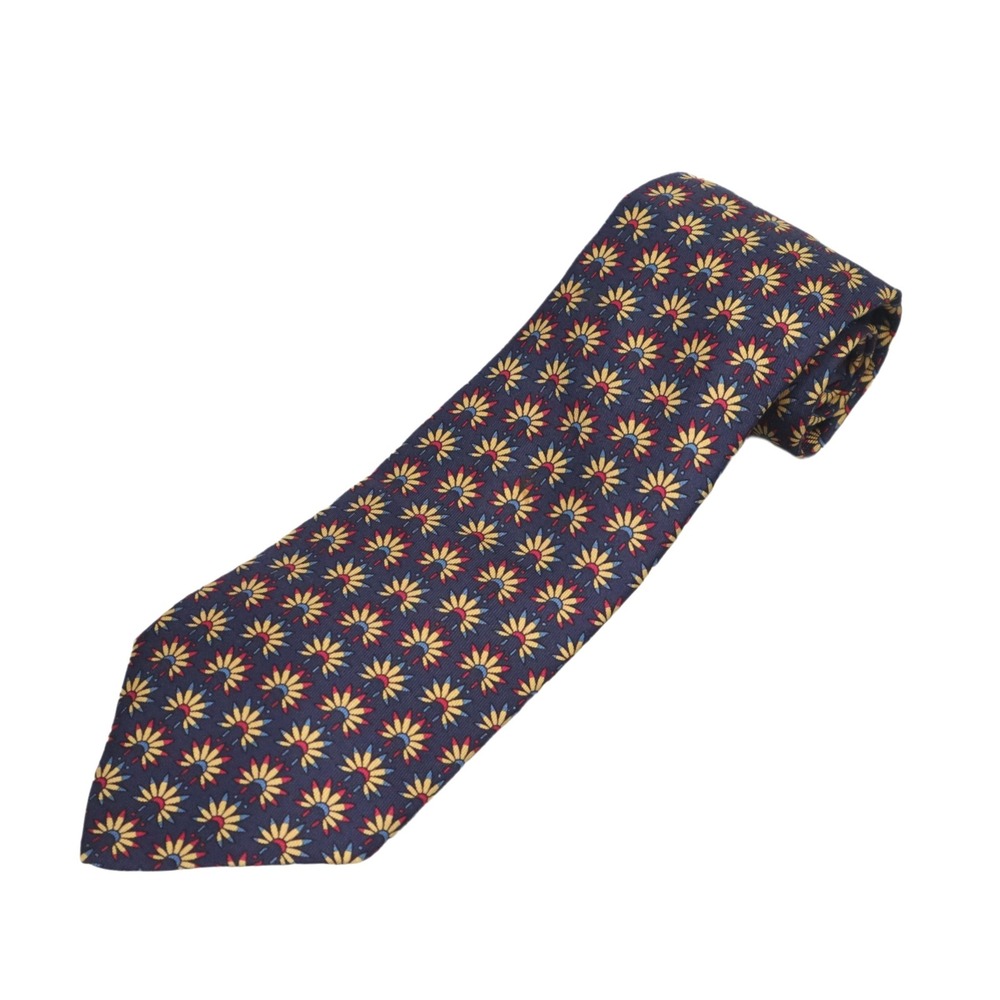 Hermès Paris Silk Tie Navy Yellow Red Daisy Pattern Made in‎ France